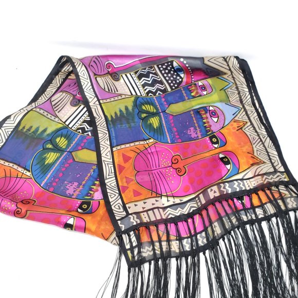 Laurel Burch Vintage Silk Cat Scarf w/ Fringe - Picture 8 of 10